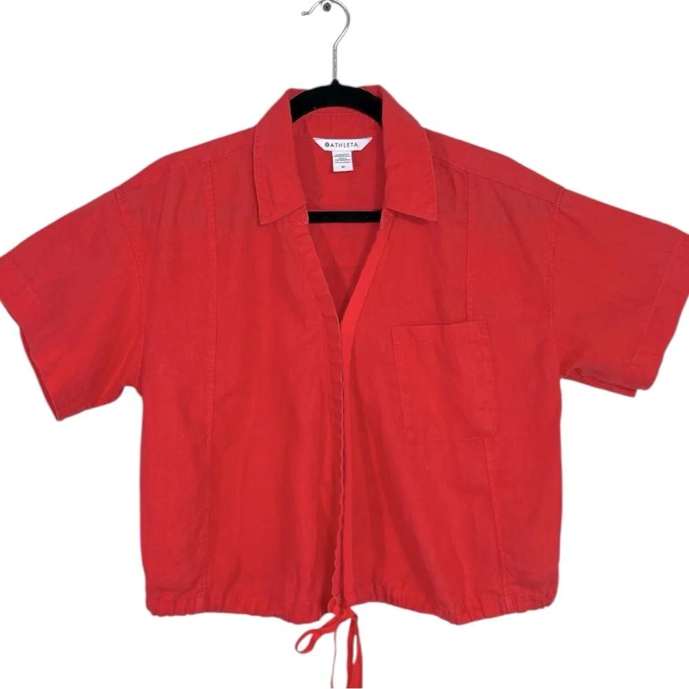 Athleta Playa LINEN Short Sleeve Wrap Tie Top in Coral Size Medium - Picture 3 of 7